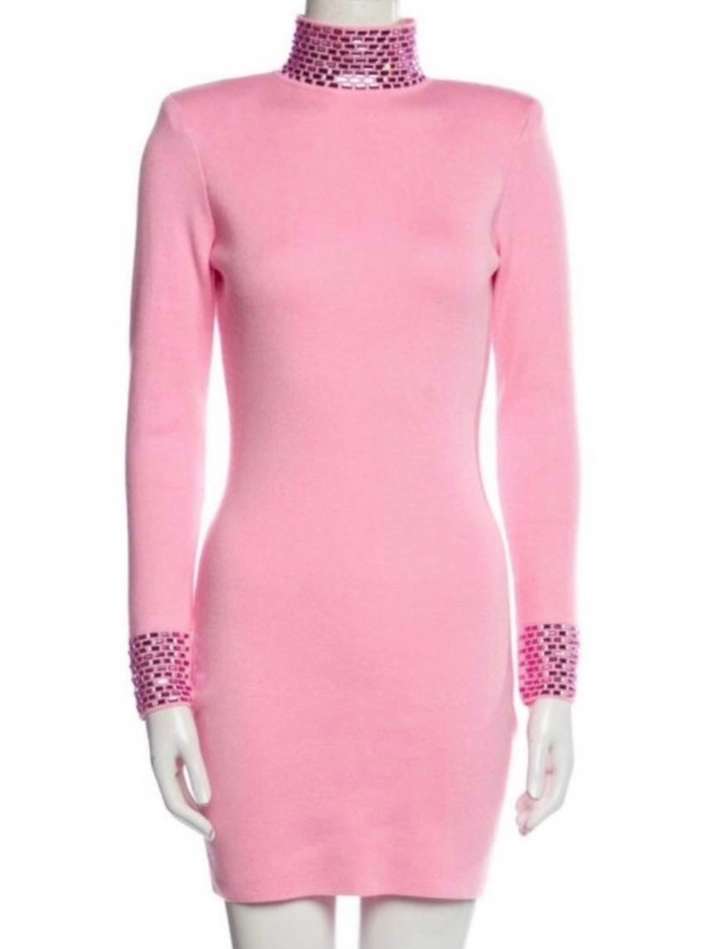 Retrofete Pink Long-Sleeve Mock Neck Bodycon Dress with Jeweled Cuffs